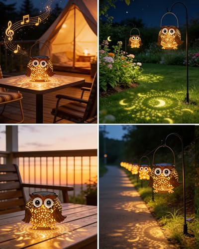Solar Lights Outdoor Owl Garden Decor, Solar Lanterns Outdoor Waterproof Metal Hanging Lantern Solar Garden Lights for Outside Patio Yard, Lawn, Porch, Backyard Decoration - style: Owl