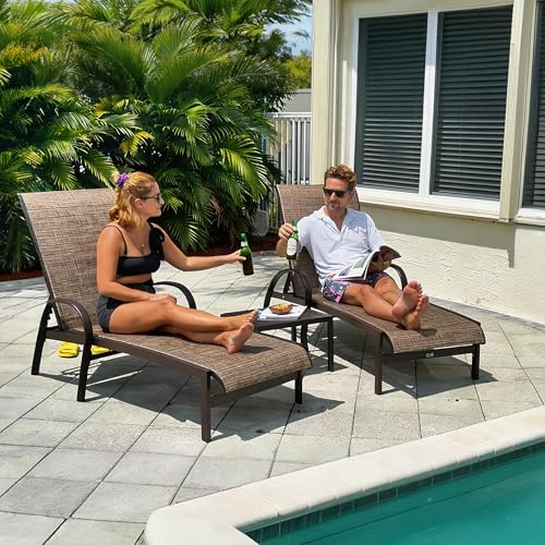 PURPLE LEAF Outdoor Chaise Lounge Chair Set of 3 Patio Pool Lounger Aluminum Chairs with Side Table Adjustable Tanning Recliner for Outside Yard Deck Lawn Garden Beach Brown - color: Brown, size: 2 Chairs & 1 Table