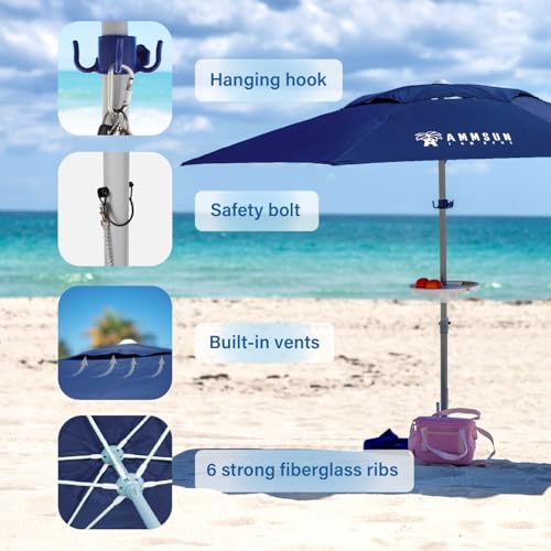 AMMSUN 8ft Large Beach Umbrellas for Sand Heavy Huty Wind Portable Commercial Grade Patio Beach Umbrella with Sand Anchor Hanging Hook Weight Sandbag Adjustable Height Air Vent UPF 50+ Telescoping Pole without tilt Navy - color: Navy