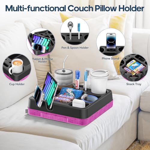 Couch Cup Holder Tray Couch Cup Holder Pillow Bed Tray Snack Sofa Bed Caddy Organizer Beach Sofa Drink Holder Anti-Spill Portable Snack Caddy Couch Remote Holder for Phone Pad Kindle Beverage Purple - color: Purple