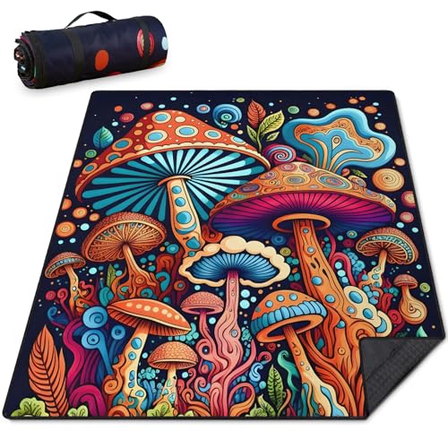 Mushroom Picnic Blankets Waterproof Foldable Picnic Outdoor Blanket 80"x 60" Picnic Mat 3-Layer Thicking Outdoor Foldable Blankets Sandproof Lightweight Beach Blankets with Strap Machine Washable - color: Mushroom02, size: 60*80in