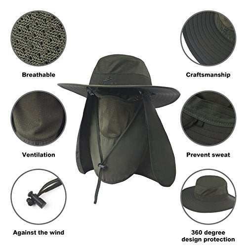 Fishing Hat,Sun Cap with UPF 50+ Sun Protection and Neck Flap,for Man and Women - color: Dark Green