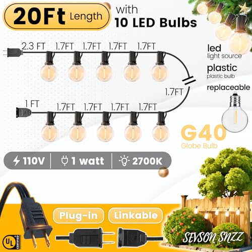 Outdoor String Lights 20FT - LED Waterproof Patio Lights G40 Globe Bulbs Shatterproof, Connectable Hanging Outdoor Lights for Outside Indoor Garden Backyard Deck Porch Party Decor - color: G40-Globe Bulb, size: 20FT Plug-in Version