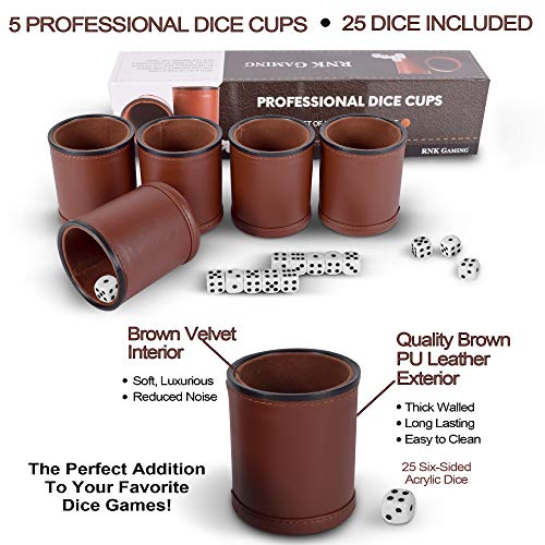 5 Pack of Professional Dice Cups PU Leather and Brown Velvet Lined, Includes 25 White Six-Sided Dice
