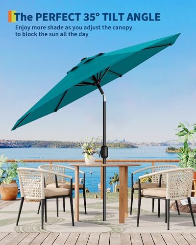 GarveeLife Outdoor Patio Umbrella, Table Market Umbrella with Push Button Tilt and Crank, 8 Sturdy Ribs UV Protection Waterproof for Garden, Deck, Backyard, Pool - color: Turquoise Blue, size: 9FT