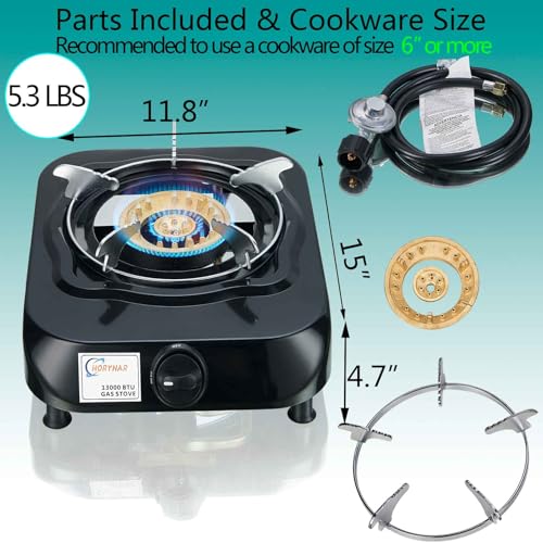 Horynar Single Burner Propane Stove with LPG CSA Hose 13,000 BTU Single Propane Burner Smart Switch Protection Unique Body Integrated Design for Outdoor, Emergency