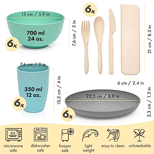FOODLE Wheat Straw Dinnerware Set - BPA Free & Safety Certified - Microwave & Dishwasher Safe - Perfect for Kids, College Dorm, Picnic, Camper, RV Dishes - Camping Plates Cups and Bowls Set - For 6 - color: Multicolor 2