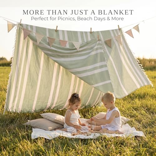 ZICOTO Beautiful Extra Large Beach Blanket with Tassels - Soft Oversized Turkish-Style Beach Towel for Relaxing Beach Days with the Whole Family - Lightweight Quick-Dry Picnic Blanket for Adults - color: Sage