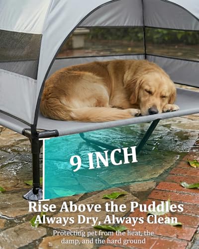 Elevated Dog Bed with Canopy - 3-Sided UV Protection Pet Tent with Wider Shade, Raised Cooling Outdoor Dog Cot with Breathable Mesh for Medium Large Dogs, Portable Bed for Camping, Patio (Grey, XL) - color: Grey, size: X-Large