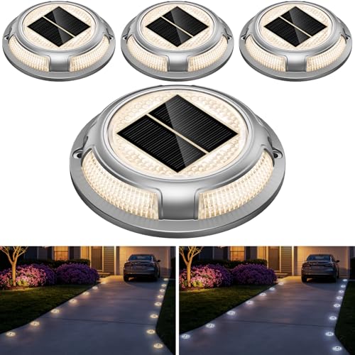 Solar Driveway Lights, 4 Pack Heavy Duty Driveway Lights Solar Powered 2 Color Mode (Cool/Warm White) IP68 Waterproof Outdoor Solar Deck Lights with Ground Stake for Pathway Garden Yard Walkway Dock - color: Cool White & Warm White, size: 4 Pack