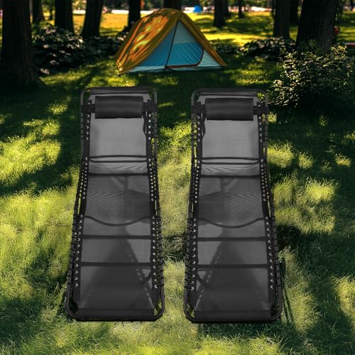 Unovivy Outdoor Chaise Lounge Chairs Set of 2, Portable Folding Pool Lounge Chair with 5-Position Reclining Back, Teslin Tanning Chair for Pool, Beach, Patio, Sunbathing - color: Black