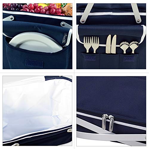 Picnic at Ascot Patented Collapsible Insulated Picnic Basket Equipped with Service For 4- Designed and Assembled in USA - color: Navy/Trellis Blue