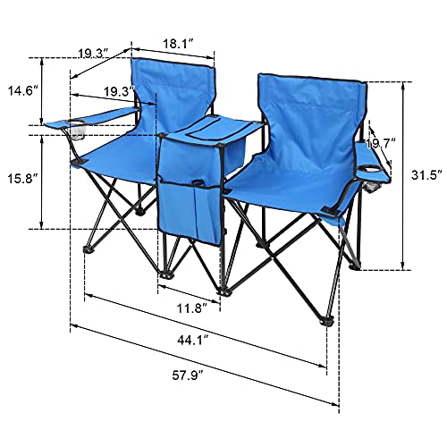 Double Folding Camping Chair W/Umbrella Fold Up Table Beverage Holder Carrying Bag Cooler for Patio Pool Park Outdoor Beach, Picnic, Portable (Blue) - color: Blue