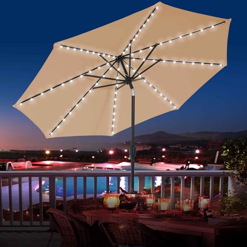 Sundale Outdoor Olefin 5-Year-Non-Fading Solar 80 LED 9 FT Solar Patio Umbrella with Sand Bag Base, Outdoor Umbrella with Tilt and Crank, Tan - color: Tan, size: 9FT