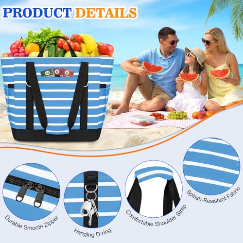HUANLANG Soft Cooler Bag Insulated for Travel,Large Insulated Grocery Bags with Zippered Top,PEVA Collapsible Food Delivery Cooler Bag for Beach, Travel, Picnics - color: Blue and white stripes