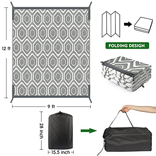 fifame Outdoor Camping Rugs, 9x12 Outdoor Rug Patios Clearance Plastic Straw Rug Weatherproof Reversible Mats, Large Floor Mat for Outdoors, RV, Patio, Backyard, Deck, Picnic, Beach, Trailer, Camping - color: Grey & White, size: 9' x 12'