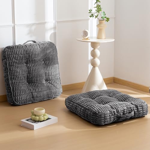 Washable Floor Pillow Cushion for Adults, Meditation Cushion Pillow, Removable Tufted Blended Corduroy Cover, Large Square Floor Sitting for Tatami Living Room or Yoga, 2Pack, Machine Washable - color: Square Dark Grey, size: 4" Thick(Pack of 2)