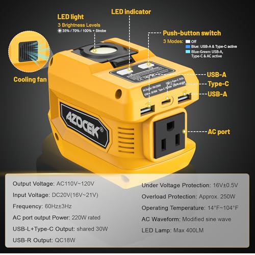 220W Azocek Power Inverter Compatible with Dewalt 20V Battery (Battery not Included), DC 20V to AC 110V, 2 USB Ports & 1 Type-C Fast Charging, 400LM LED Work Light (2-Pack) - color: Yellow, size: 2-PACK