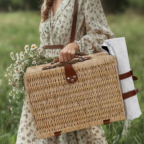Picnic Basket for 2, Bridal Shower Gift Wedding Gifts with Mr Mrs Wine Glasses and Greeting Card, Engagement Newly Weeding Gifts for Couples 2026, Wicker Picnic Set Kit with Blanket Cooler for Beach - color: Wedding Gift Style Grey