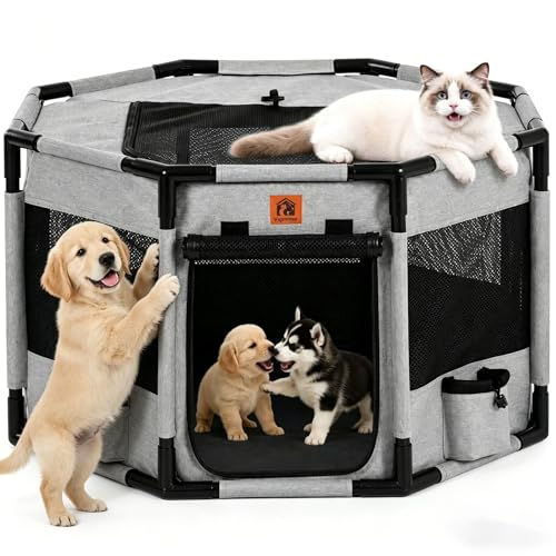 Enclosed Pet Playpen, Portable Cat & Puppy Playpen with Sturdy PVC Pipe Frame and Scratch-Resistant Fabric, Soft Kennel Crate Fence for Pet Indoor Outdoor Use (Small Size, 28x28x16.9 Inches) - size: Small