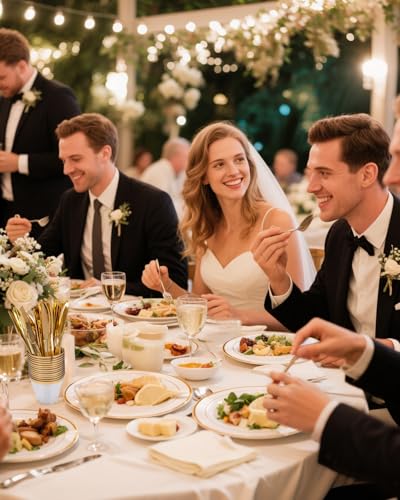 GATHER 700PCS Gold Plastic Plates - Whtie and Gold Disposable Dinnerware Sets 100Guest - 200 Disposable Plate, 300 Plastic Silverware, 100 Cups, 100 Napkins for Wedding & Party - color: Gold, size: 100 Guests