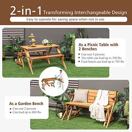 GYMAX Picnic Table, 2 in 1 Convertible Picnic Bench Table Set, Transforming Interchangeable Wooden Picnic Table with Umbrella Hole, Collapsible Outdoor Patio Dining Table Garden Bench