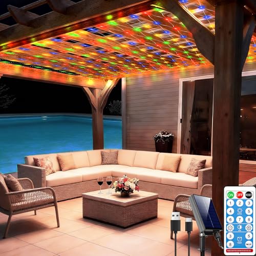 10ft x 10ft Solar Net Lights, 280LED Gazebo Mesh Lights Solar & USB Powered, Waterproof Netting Lights 8 Modes Clear Wire for Bushes Patio Garden Christmas Holiday Party Outdoor Decor (Multicolor) - color: Multicolor, size: 10ftx10ft (Clear Wire)