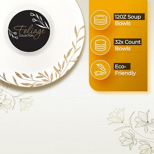 PLASTICPRO 32 Pack Elegant Disposable Plastic Bowls Includes 32 Soup or Salad Bowls Heavy Duty Fancy Party Bowls White & Gold Flower Design - color: White & Gold Flower Design Bowls