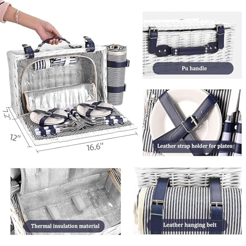 Picnic Basket for 4 Persons with Waterproof Picnic Blanket and Insulated Cooler, Large Wicker Picnic Basket for Camping, Outdoors, Valentine's Day, Christmas, Birthday, Wedding Gift - color: White Basket