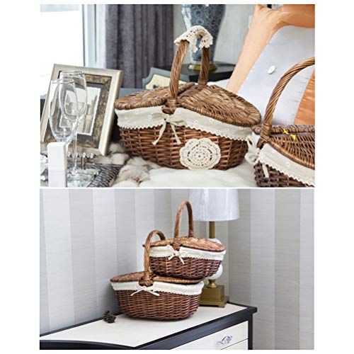 Walfront Traditional Brown Wicker + Linen Picnic Basket 26 * 18 * 16cm Handle Height 30cm with Insulated Lining and Cutlery Set