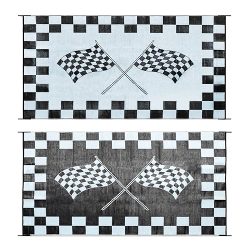 EEZ RV Products 9'x18'cf Heavy Duty Reversible/Durable Outdoor RVing/Boondocking Mats (9ft x18ft Black & White Checker Flag) Come with Large Storage Bag & 6 Sets of Stakes and Washer - color: Checker Flag, size: 9' x 18' (Rectangular)