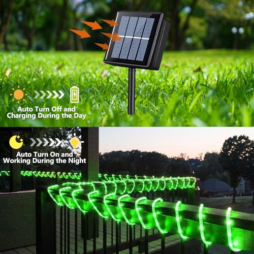 YEGUO Solar Rope Lights Outdoor Waterproof, 66ft 200 LED Green String Lights, 8 Modes Fairy Lights in Clear Thin Tube - color: Green