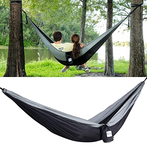 ecox Outdoors Parachute Hammock Single with 2 Tree Straps, Portable Lightweight Nylon Comfortable for Backpacking, Camping, Travel, Beach, Backyard, Patio, Hiking - color: Black-grey