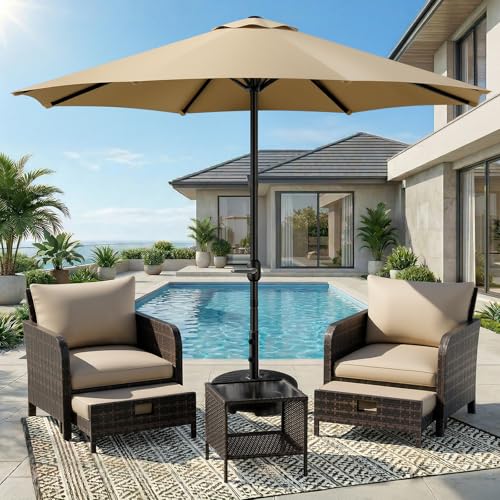 LEVELEVE 9FT Outdoor Patio Umbrella with Easy Crank - UV Resistant & Waterproof Market Umbrella with Ventilated Canopy, 8 Sturdy Ribs & Powder-Coated Frame for Garden, Deck, Backyard, Pool, Patio Table - color: Khaki, size: 9FT