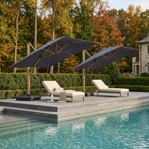 PURPLE LEAF 9FT Patio Umbrella Square Cantilever Umbrella Teak Finished Aluminum Frame Large Windproof Offset Outdoor Sun Umbrellas for Beach Pool Deck, Navy Blue - color: Navy Blue / Umbrella Only, size: 9' X 9'