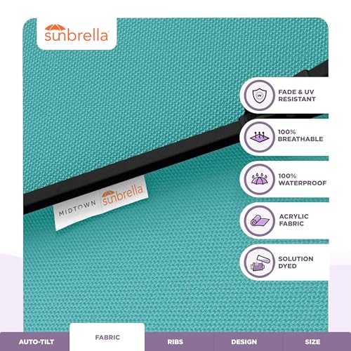 Midtown Umbrellas - The Lean 8 Ft Patio Umbrella with Fade-Resistant Sunbrella Fabric, Auto-Tilt Aluminum Frame and 8 Reinforced Ribs for Deck, Pool & Garden - Aruba Canopy, Black Pole - color: Sunbrella Aruba, size: 8 Feet