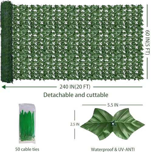 ODTORY Artificial Fence Privacy Screen: 5FT x 20FT UV-Anti Faux Greenery Backdrop Ivy Chain Link Shades Panels for Patio, Balcony, Garden,Deck,Backyard Indoor Outdoor Green Wall Decor - size: 5 ft x 20 ft- Chain Link