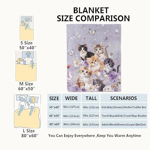 Adorable Kitten Blanket Cute Cat and Butterfly on Lavender Throw Blankets Gifts for Girls Women Adults Lightweight Soft Fleece Cozy for Sofa Couch Bed Room Travel Birthday Decor 40x50in - color: Cat, size: 40x50in