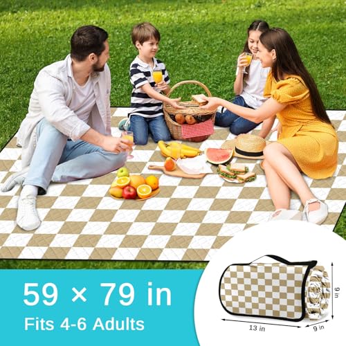 Waterproof Picnic Outdoor Blanket, 79" x 59" Sandproof Foldable Large Picnic Blanket for Beach, Camping, Park, Travel, Concert, Great Gift for Families and Couples (Beige Checkered) - color: Beige Checked