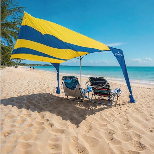 Shark FIN Shade Beach Tent Wind Sun Canopy Portable Easy Set Up UPF 50+ No Assembly Required 3-30 MPH - 1 to 8 People - Tie Downs Included - 2 Sizes Large 9' X 10' & Giant 13.5' X 10' PATENTS Pending - color: Large Blue and Yellow
