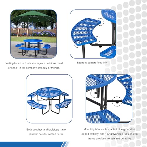 46-inch Blue Round Outdoor Picnic Table with Umbrella Hole Heavy Duty Coated Steel Metal Patio Dining Set for Garden, Courtyard, BBQ & Commercial Use - color: Blue-round