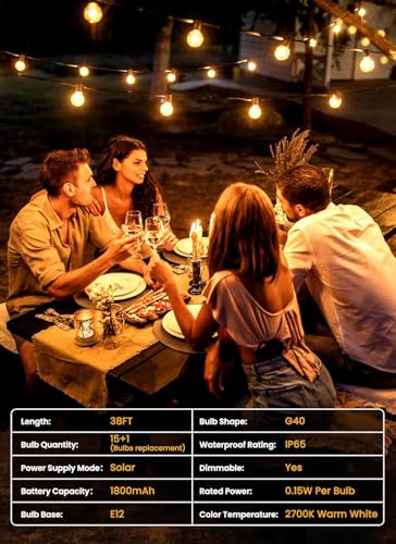 Brightown 38FT Solar String Lights Outdoor with USB Charging & 16 LED Shatterproof Bulbs, Solar Patio String Lights Outdoor for Cafe Garden Deck Outside Wedding - Last for 20Hrs+ - size: 38FT 16LED