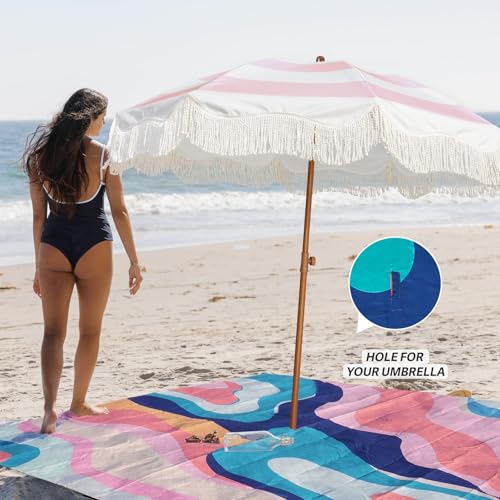 AMMSUN Boho Fringe Umbrella with Outdoor Blanket, 6.5ft UPF50+ Picnic Umbrella with Tassels with Steel Pole & Push Button Tilt, Pink Stripes - color: Pink Stripes with Blanket