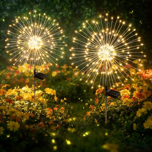 Solar Garden Lights Outdoor Decor Waterproof, 2Pack 120LED Firework Lights for Garden Decorative, Fairy Lights Solar Powered for Yard, Patio,Pathway,Flowerbed,Planter,Party(Warm White) - size: 2 Pack