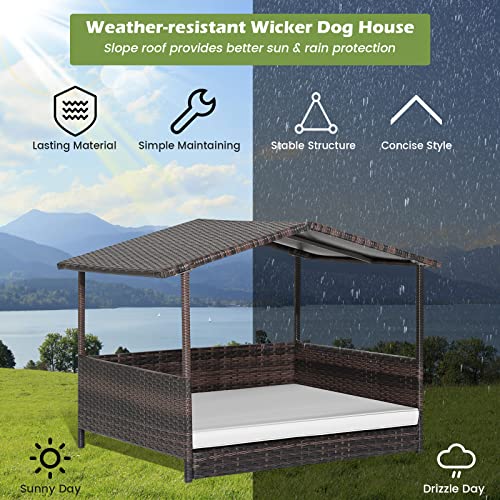 Tangkula Wicker Dog House, Indoor Outdoor Raised Rattan Dog Bed w/Removable Cushion, Washable Cover, Weatherproof Roof, Rattan Puppy Shelter w/Elevated Floor for Small Medium Dogs (White) - style: White