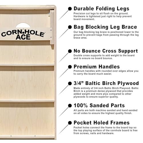 CornholeAce ACE PRO American Flag Cornhole Board Set - No Bounce! Triple Wide Legs, 3/4" Baltic Birch Plywood, Handles, Regulation Size (4x2ft), Tournament Style, Made in USA - color: Burnt Wood USA Flag