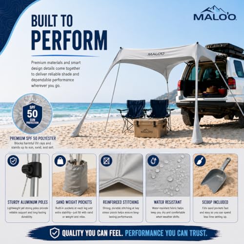 Malo'o DualShade 10x10 Beach Canopy & Vehicle Awning – Exclusive 2-in-1 Sun Shelter, SPF 50 Shade Tent, Car Camping Awning, Carry Bag Included