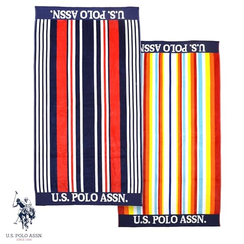 U.S. Polo Assn. 2-Pack Luxury Plush Cotton Oversized (40" x 70") Beach Towels, Striped Nautical Design, Hotel Quality for Bath & Pool- Navy/Red/Orange - color: Navy/Red/Orange, size: 40" x 70"