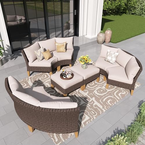 PHI VILLA 4-Piece Curved Patio Furniture Set, Half-Moon Wicker Sectional Furniture Sofa Set for 8 Seats with Cushioned 3 x Curved Sectionals and 2 x Ottoman, Beige - color: Beige, size: 8 Seats - Round