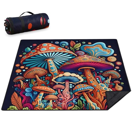 Mushroom Picnic Blankets Waterproof Foldable Picnic Outdoor Blanket 80"x 80" Picnic Mat 3-Layer Thicking Outdoor Foldable Blankets Sandproof Lightweight Beach Blankets with Strap Machine Washable - color: Mushroom02, size: 80*80in